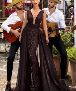 Tarik Ediz - 93913 Ruched Plunging V-Neck Dress With Overskirt