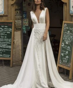 Tarik Ediz - 93913 Ruched Plunging V-Neck Dress With Overskirt