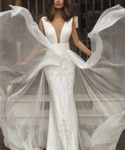 Tarik Ediz - 93913 Ruched Plunging V-Neck Dress With Overskirt