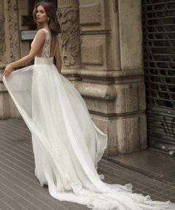 Tarik Ediz - 93913 Ruched Plunging V-Neck Dress With Overskirt