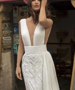 Tarik Ediz - 93913 Ruched Plunging V-Neck Dress With Overskirt