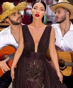 Tarik Ediz - 93913 Ruched Plunging V-Neck Dress With Overskirt