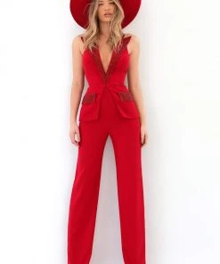 Plus Size Dresses Tarik Ediz - 93914 Beaded Deep V-neck Jumpsuit 10 Plus Size Dresses Tarik Ediz - 93914 Beaded Deep V-neck Jumpsuit