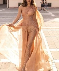 Formal Gowns Tarik Ediz - 93924 Ruched Asymmetrical Jumpsuit With Overskirt