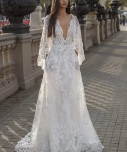 Formal Gowns Tarik Ediz - 93925 Bead-Ornate Scalloped Cape Lace Gown