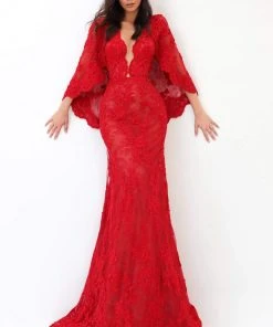 Formal Gowns Tarik Ediz - 93925 Bead-Ornate Scalloped Cape Lace Gown