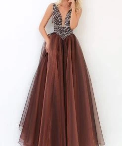 Tarik Ediz - 93939 V-Neck Bejeweled A-Line Dress Formal Gowns
