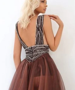 Tarik Ediz - 93939 V-Neck Bejeweled A-Line Dress Formal Gowns