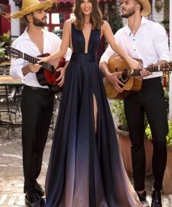 Tarik Ediz - 93944 Ruched Plunging V-Neck Gown With Slit