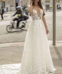 Tarik Ediz - 93958 V-Neck Floral Appliques A-Line Dress