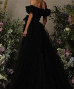 Tarik Ediz - 98055 Tulle Ruffled Off-shoulder Long Gown - 1 Pc Red In Size 6 Available Formal Gowns