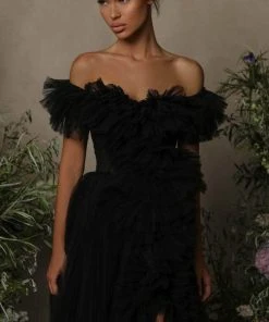 Tarik Ediz - 98055 Tulle Ruffled Off-shoulder Long Gown - 1 Pc Red In Size 6 Available Formal Gowns