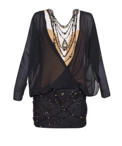 Cocktail Dresses Tarik Ediz - Beaded Illusion Jewel Neck Dress 90372