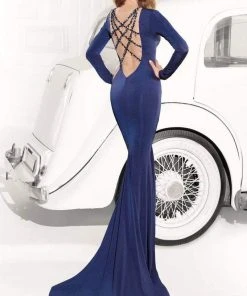 Tarik Ediz - Beaded Long Sleeve Strappy Illusion Gown 92409