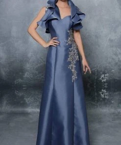 Tarik Ediz - Embellished And Ruffled A-line Gown 96024 - 1 Pc Marlin Blue In Size 6 Available