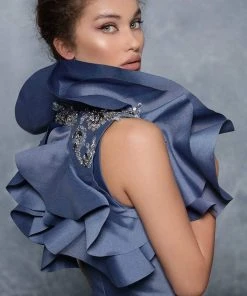 Tarik Ediz - Embellished And Ruffled A-line Gown 96024 - 1 Pc Marlin Blue In Size 6 Available