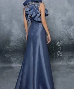 Tarik Ediz - Embellished And Ruffled A-line Gown 96024 - 1 Pc Marlin Blue In Size 6 Available
