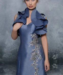 Tarik Ediz - Embellished And Ruffled A-line Gown 96024 - 1 Pc Marlin Blue In Size 6 Available
