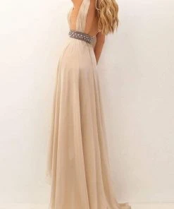 Tarik Ediz - Embellished Deep V-neck A-line Dress 50701