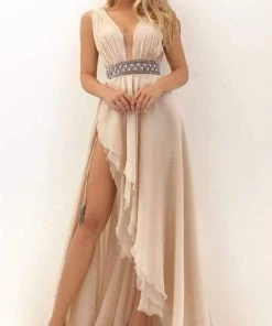 Tarik Ediz - Embellished Deep V-neck A-line Dress 50701