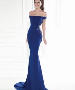 Formal Gowns Tarik Ediz - Floral Embellished Off-the-Shoulder Gown 92572