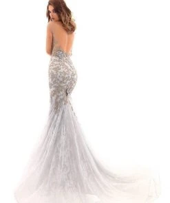 Tarik Ediz - Floral Embroidered Illusion Bateau Mermaid Dress 93661 - 1 Pc Cloudy Blue In Size 12 Available Formal Gowns