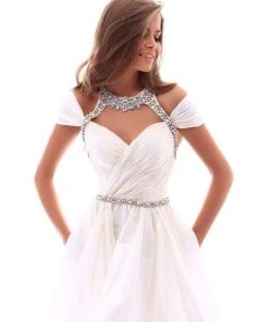 Tarik Ediz Jewel Ornate Ruched High Low A-line Gown 50277 - 1 Pc Cream In Size 6 Available Cocktail Dresses