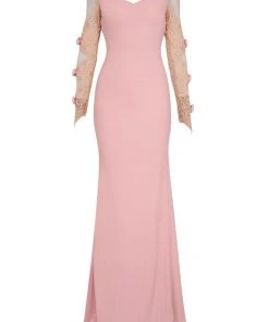 Formal Gowns Tarik Ediz - Lace V-Neck Gown 92571