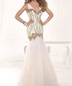 Formal Gowns Tarik Ediz - Sequined V-Neck Gown 92382