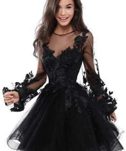 Tarik Ediz - Sheer Long Sleeve Floral Lace A-line Dress 50414 - 1 Pc Red In Size 8 Available Cocktail Dresses