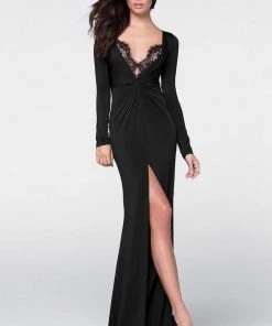 Formal Gowns Tarik Ediz - Slim Long Sleeve V Neck Twist Gown 50017