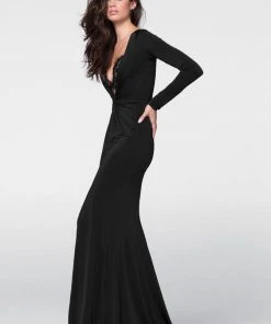 Formal Gowns Tarik Ediz - Slim Long Sleeve V Neck Twist Gown 50017 10 Formal Gowns Tarik Ediz - Slim Long Sleeve V Neck Twist Gown 50017