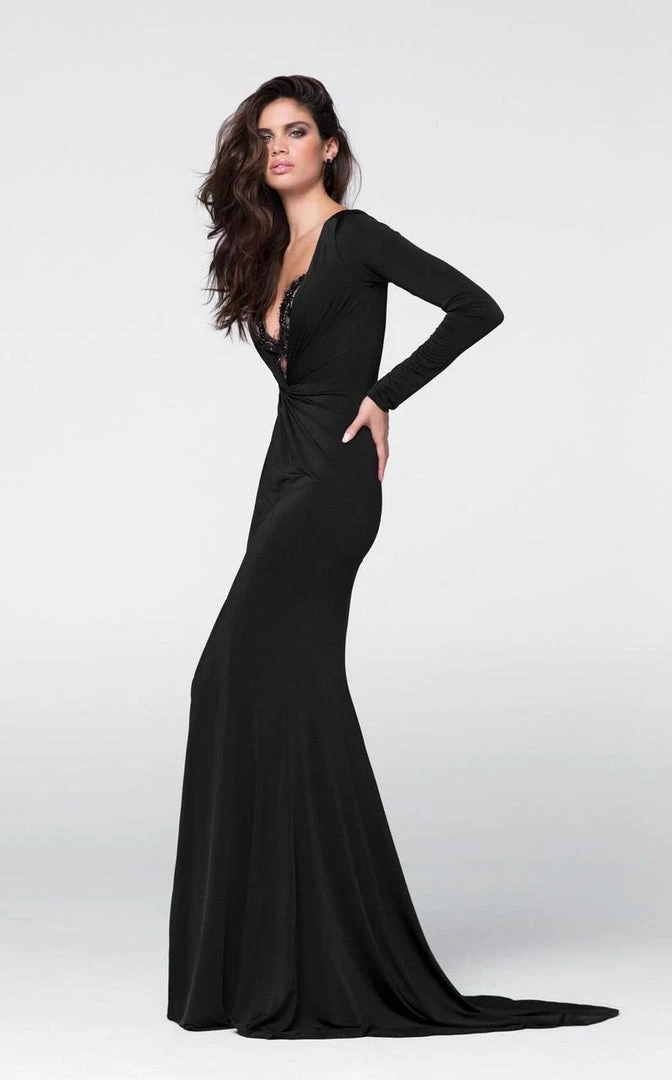 Formal Gowns Tarik Ediz - Slim Long Sleeve V Neck Twist Gown 50017 5 Formal Gowns Tarik Ediz - Slim Long Sleeve V Neck Twist Gown 50017