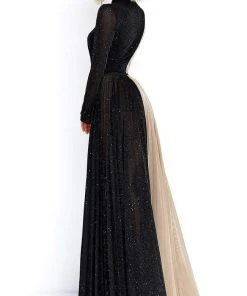 Tarik Ediz - Two-Tone Long Sleeves Evening Dress 50902 - 1 Pc Black/Stone In Size 10 Available Formal Gowns