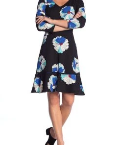 Taylor - 1180M Quarter Length Sleeved Floral Printed Crepe Dress