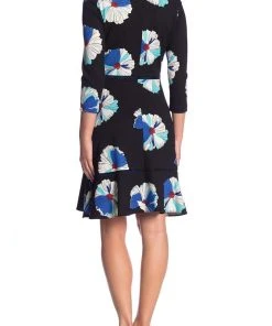 Taylor - 1180M Quarter Length Sleeved Floral Printed Crepe Dress