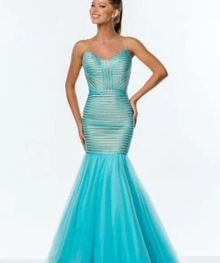 Terani Couture - 151P0106B Striped Patterned Mermaid Gown Plus Size Dresses