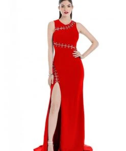 Terani Couture - 1612P0518A Accented Jewel Neck Sheath Dress