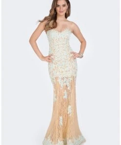 Terani Couture - 1612P0815A Floral Lace Sweetheart Sheath Dress Formal Gowns