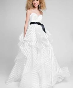 Terani Couture - 1711P2246 Sheer Striped Sweetheart Ballgown - 1 Pc Black White In Size 0 Available