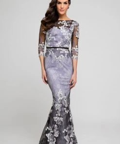 Formal Gowns Terani Couture - 1723M4634 Sheer Quarter Sleeve Floral Evening Dress