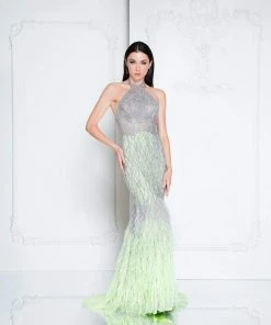 Terani Couture - 1811GL6407 Silver Embellished Halter Mermaid Dress Formal Gowns