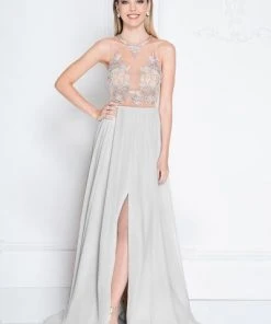 Terani Couture - 1811P5215 Beaded Nude Illusion Chiffon Gown