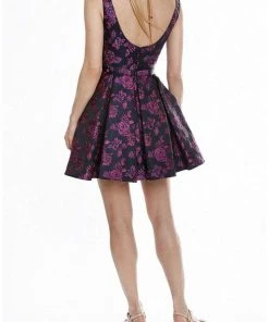 Terani Couture - 1822H7838 Floral Patterned Deep V-neck A-line Dress