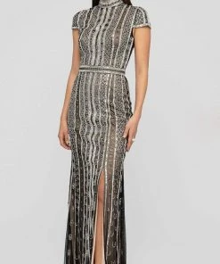 Terani Couture - 1911GL9469 Beaded High Neck Gown With Slit Formal Gowns