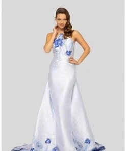 Formal Gowns Terani Couture - 1911P8185 Floral Printed Halter Dress With Train