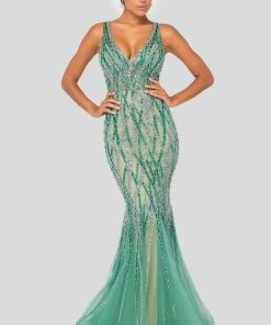 Terani Couture - 1912GL9573 Embellished V Neck Sleeveless Mermaid Gown Formal Gowns