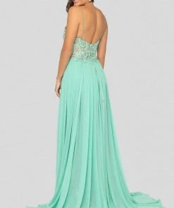 Terani Couture - 1913P8324 Floral Lace Corset Bodice High Slit Gown Formal Gowns