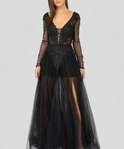 Formal Gowns Terani Couture - 1915P8344 Plunging V-Neck Long Sleeves Dress