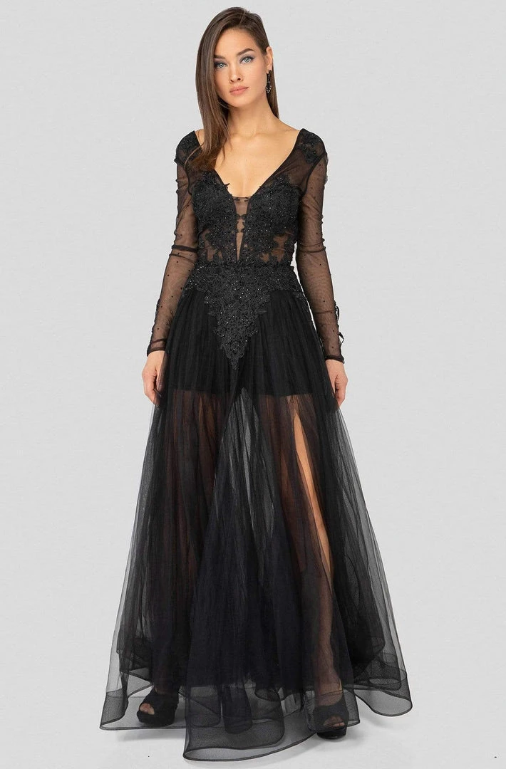 Formal Gowns Terani Couture - 1915P8344 Plunging V-Neck Long Sleeves Dress 3 Formal Gowns Terani Couture - 1915P8344 Plunging V-Neck Long Sleeves Dress